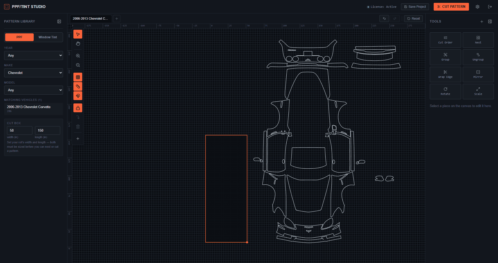PPF/Tint Studio workspace showing a 2006-2013 Chevrolet Corvette Z06 PPF pattern, nested and ready to cut